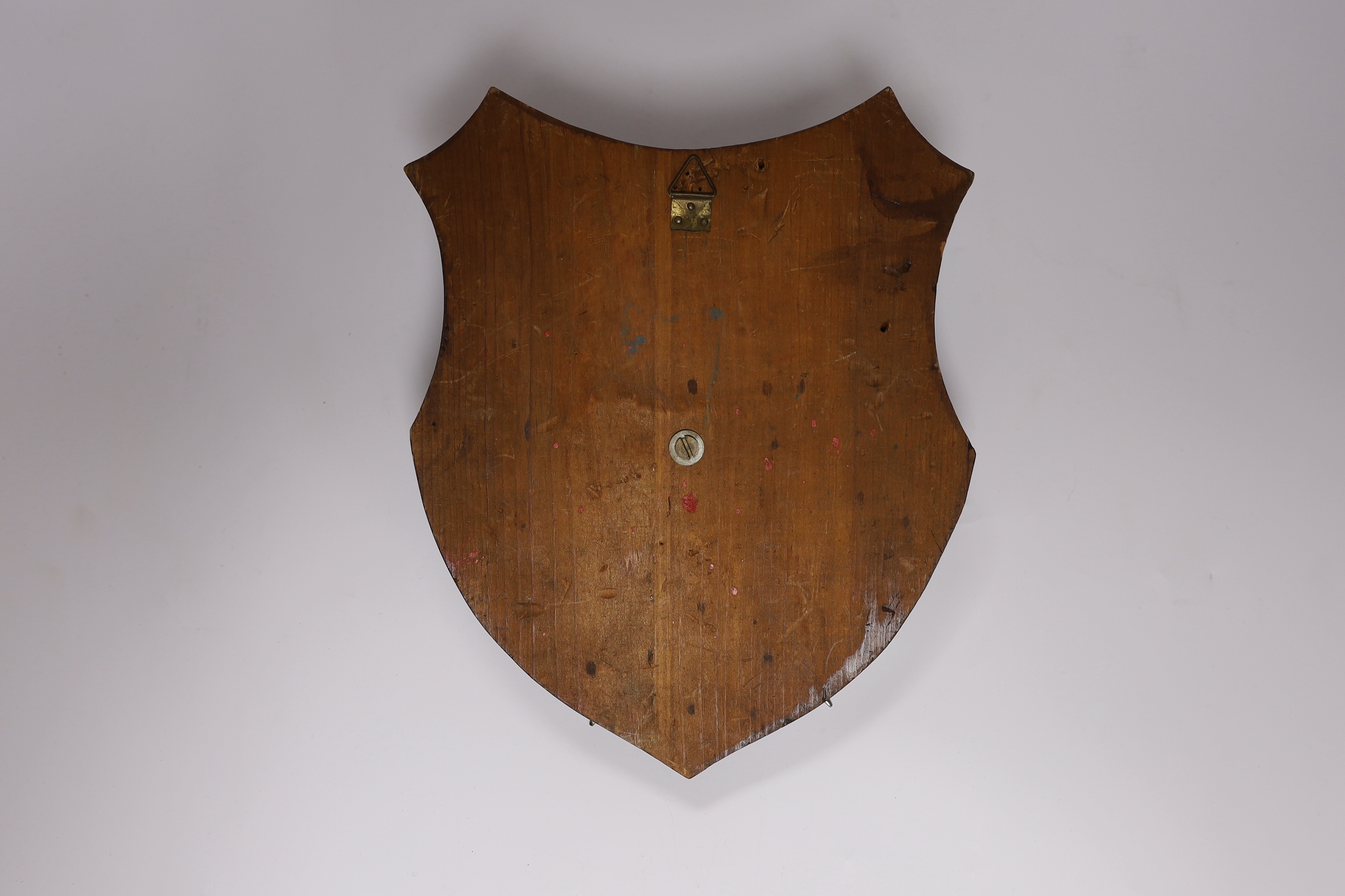 A wall mounting pine ‘shield’ with brass mounts and swords, 28cm